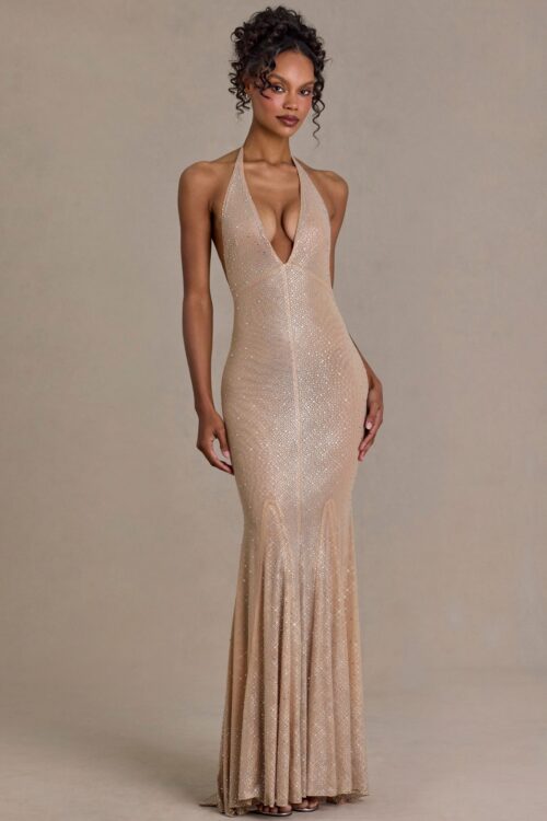 Embellished Plunge-Neck Open-Back Gown in Sand