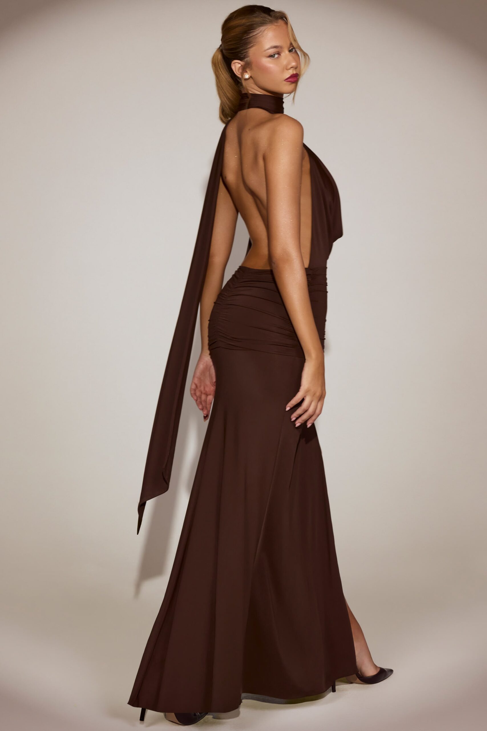 Soft-Jersey Plunge Halterneck Maxi Dress in Chocolate Brown - Image 9