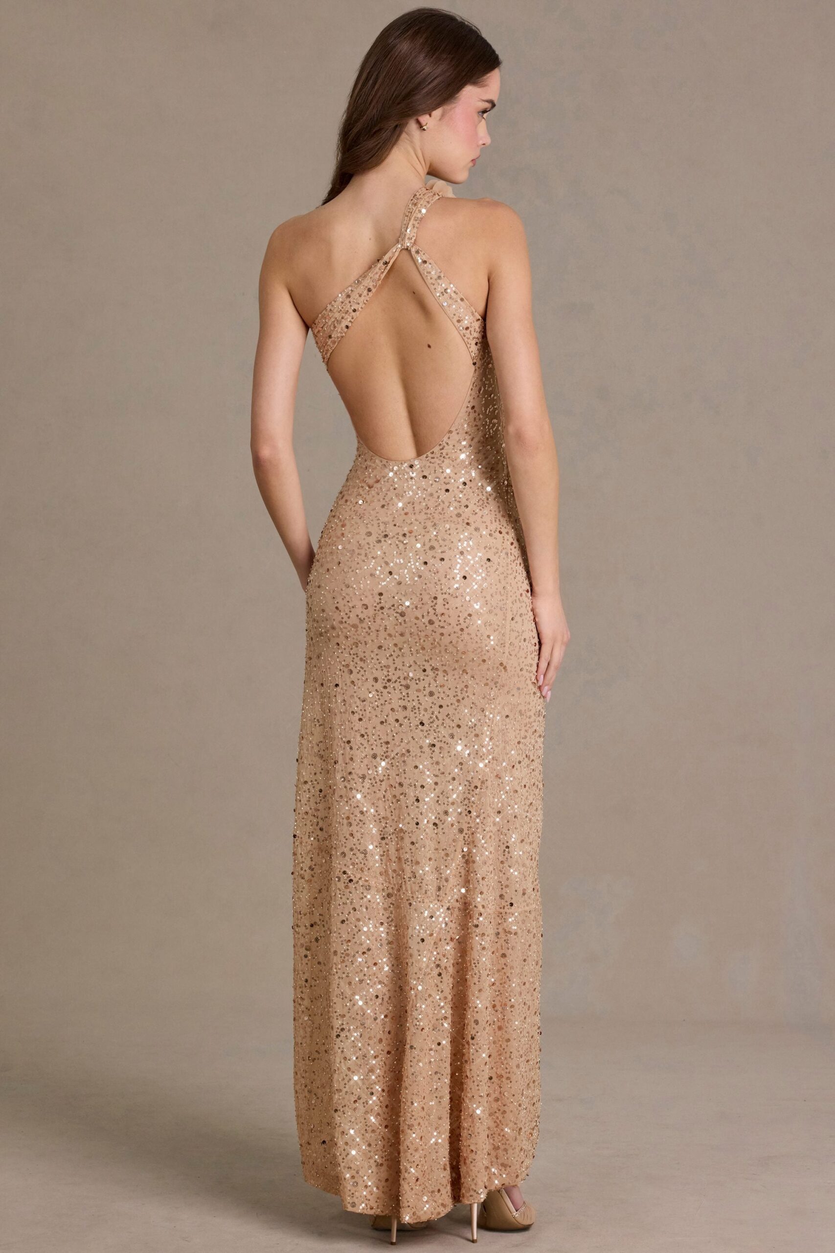 Embellished Asymmetric One-Shoulder Maxi Dress in Sand - Image 5
