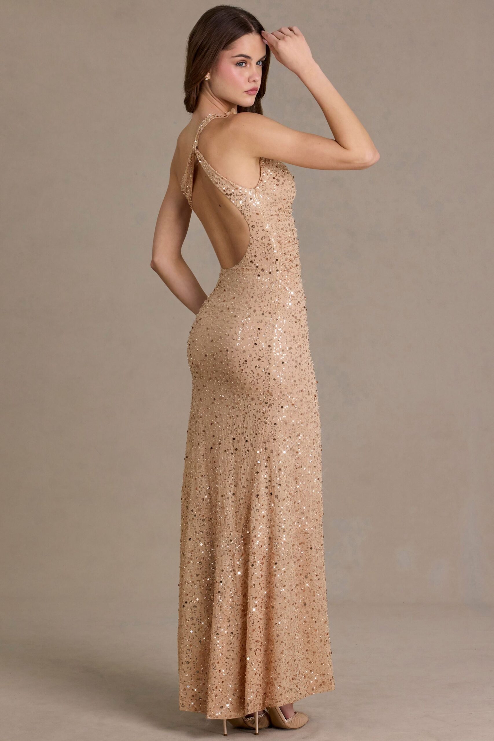 Embellished Asymmetric One-Shoulder Maxi Dress in Sand - Image 2