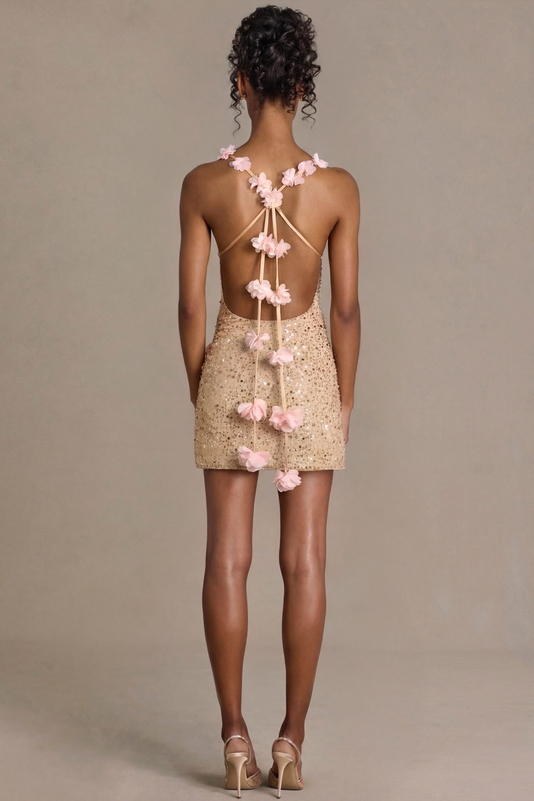 Embellished Open-Back Mini Dress in Gold - Image 3