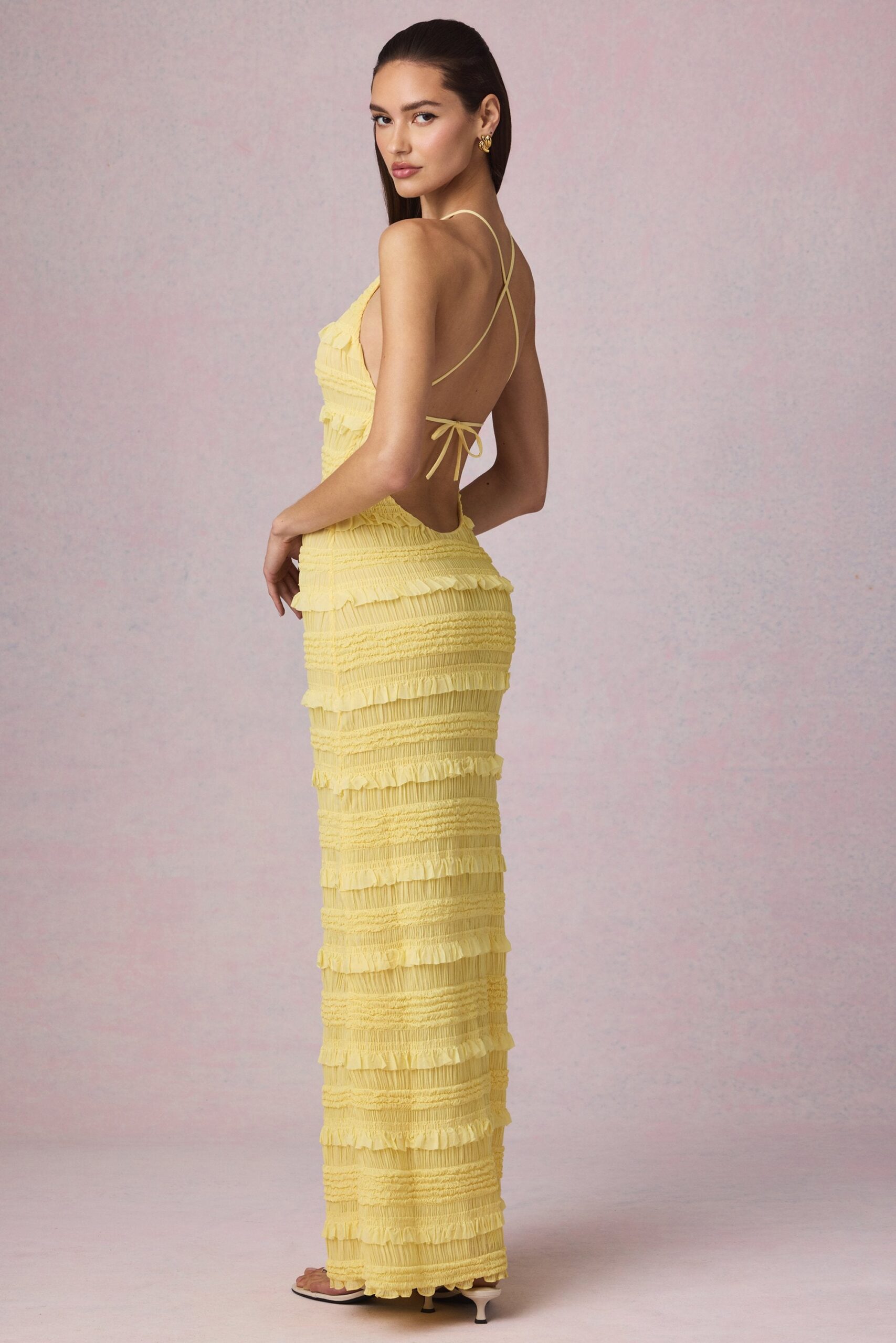 Ruffled Backless Halterneck Maxi Dress in Lemon Yellow - Image 2