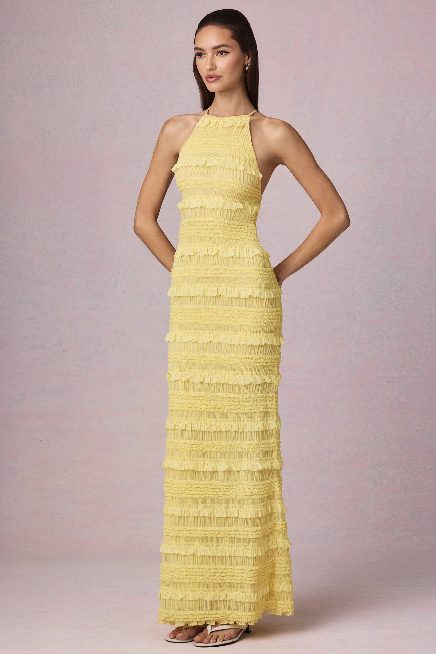 Ruffled Backless Halterneck Maxi Dress in Lemon Yellow - Image 6