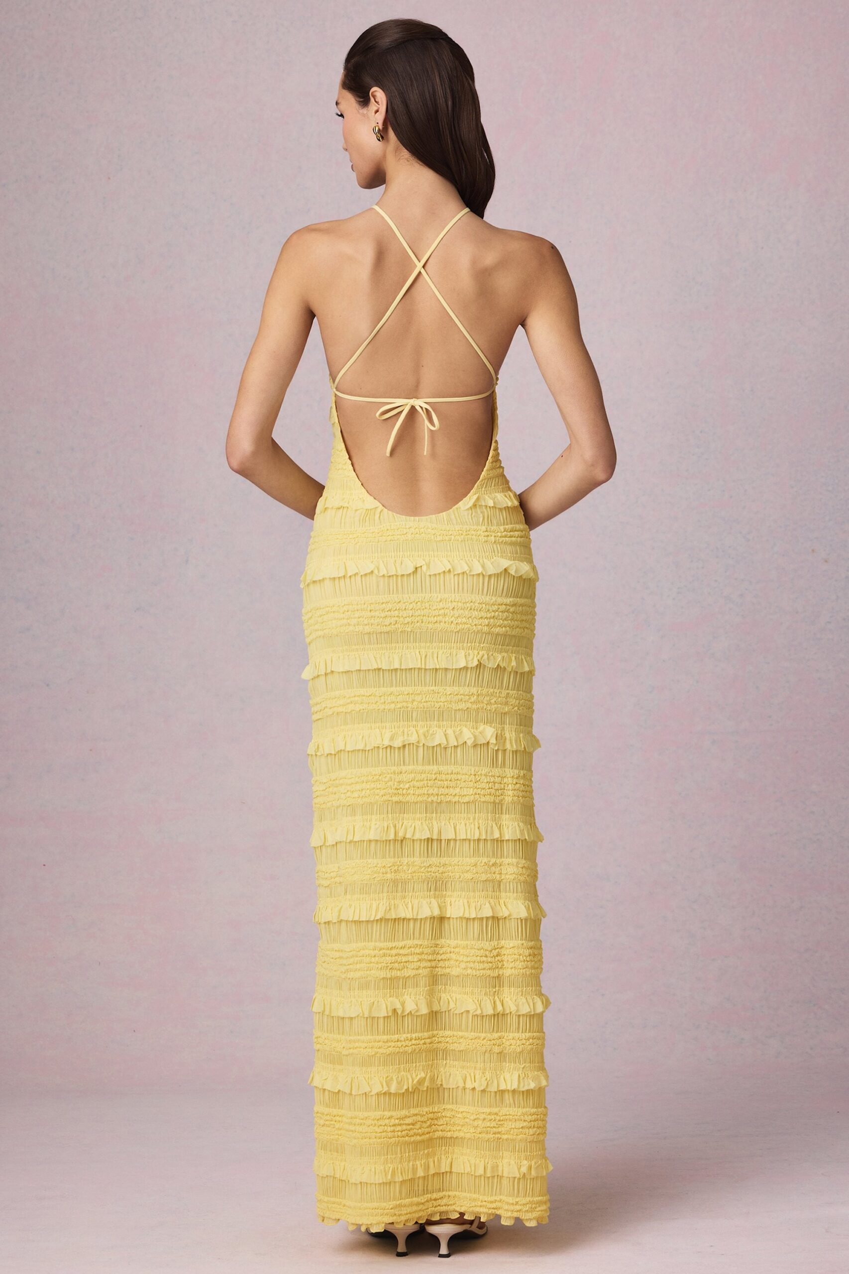 Ruffled Backless Halterneck Maxi Dress in Lemon Yellow - Image 7