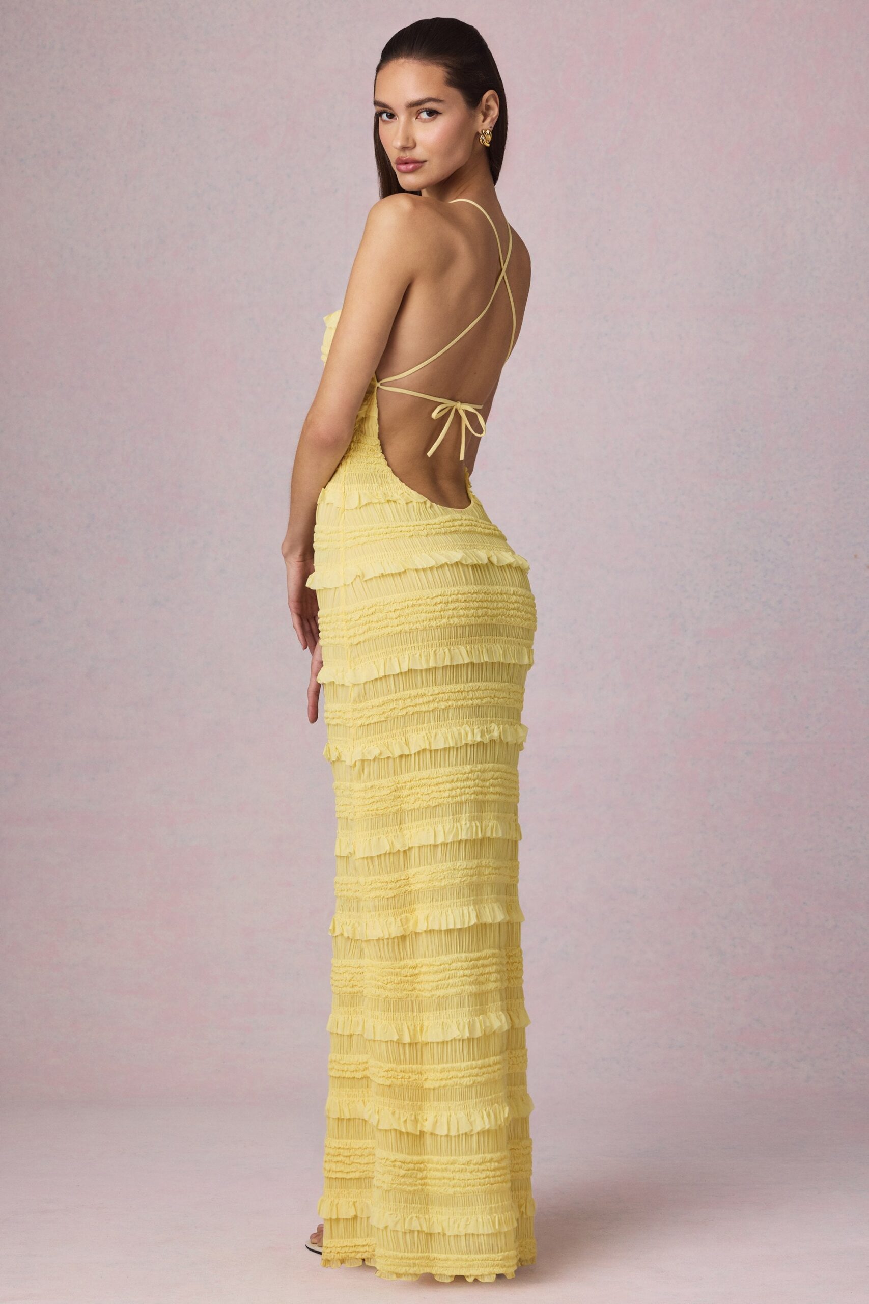 Ruffled Backless Halterneck Maxi Dress in Lemon Yellow - Image 8